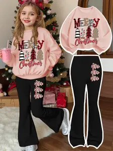[Two-piece set] Christmas sweet and cool style! Girls' fashionable Christmas new style with Christmas elements, letter printed round-neck sweater + uniquely designed Christmas tree pattern printed flared pants set