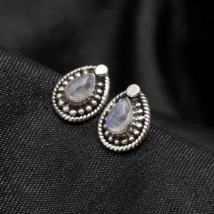 925 Sterling Silver Moonstone Teardrop Boho Vintage Stud Earrings