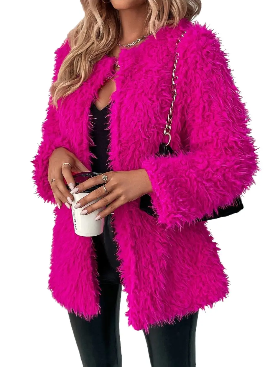 691 - Plus Size Open Front Statement Pockets Long Sleeves Fuzzy Teddy Faux Fur Coat Jacket Hot Pink Fuchsia Hot Pink
