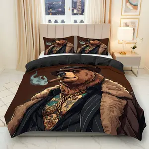3PCS Duvet Cover Set, 1 Duvet+2 Pillowcases(Without filler), Bear Smoking Mafia Suit Tattoos theme, Halloween bedding set, Luxury Stylish Unique Artistic Suitable for decoration bedroom, hotel, living room, .