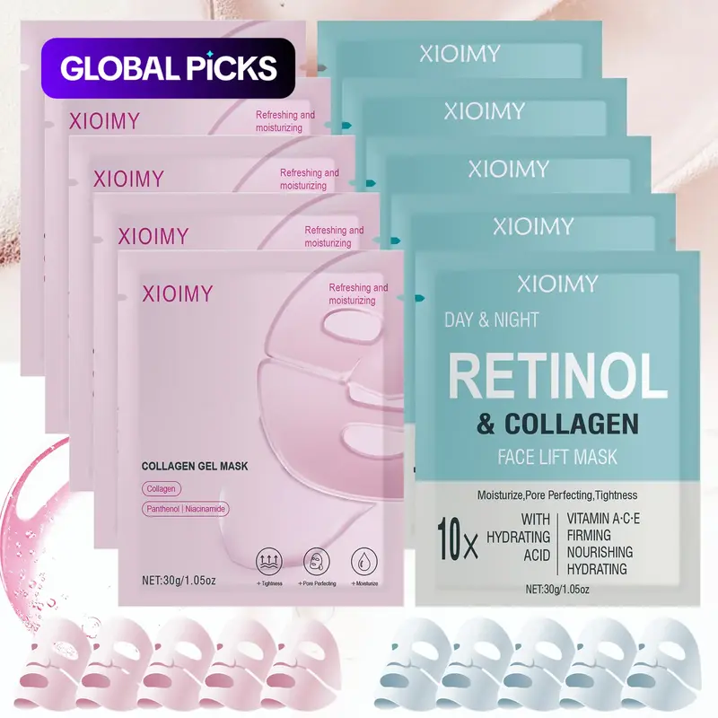 Collagen Face Mask Set with Niacinamide & Retinol, 10pcs Deep Hydrating Moisture Sheet Masks for Smooth, Bright & Supple Skin #GLOBAL PICKS
