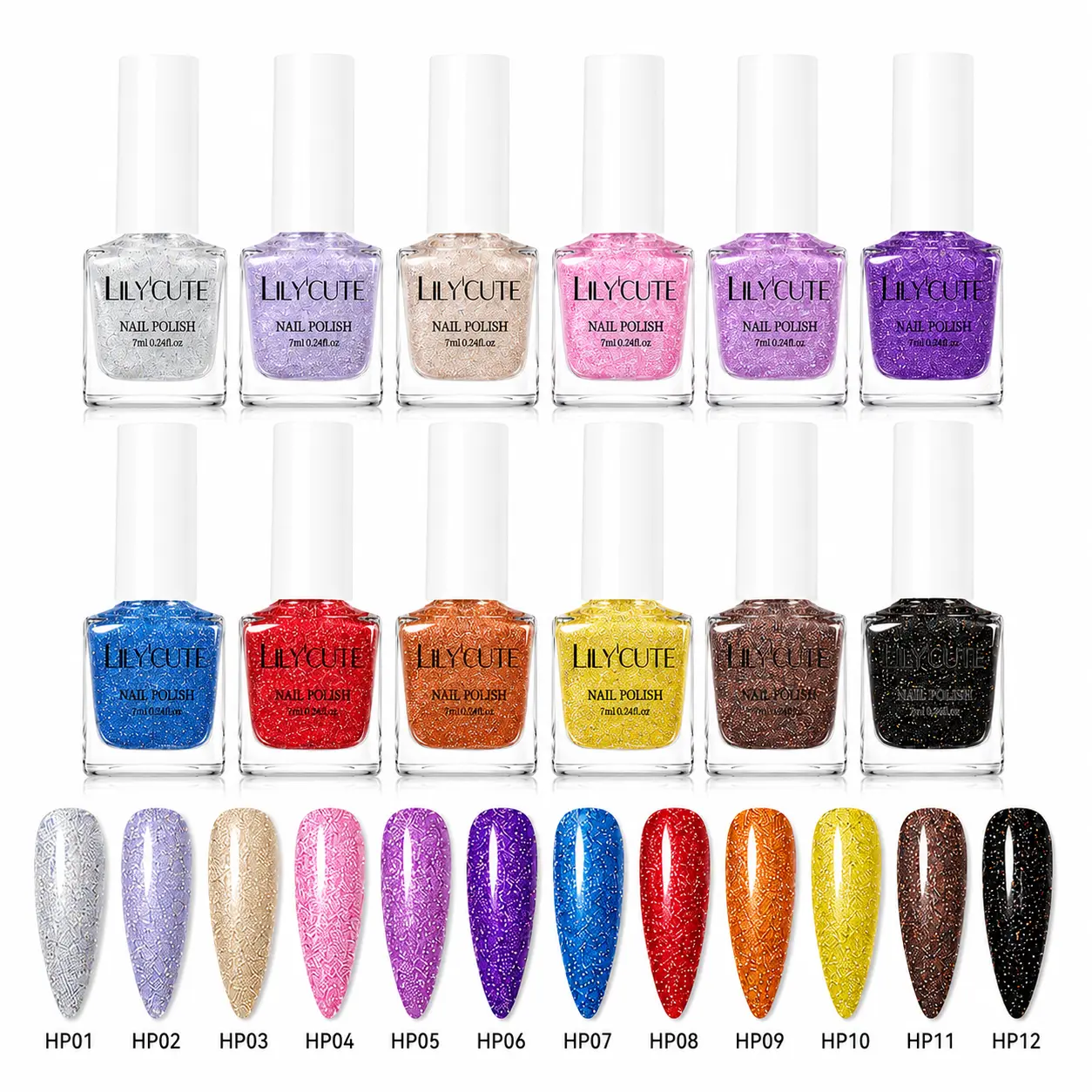 Glitter Holographic Nail Polish Kit, 12 Vibrant Colors (Silver, Lavender, Champagne, Pink, Purple, Blue, Red, Orange, Yellow, Brown, Black), 12 Glass Bottles (7ml Each) with Attached Brush, Middle-Travel Size for Home Salon, Holiday Party Nail Art, Bottle