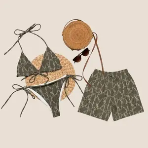 Matching Camo Swimwear Set for Couples, Swim Bra & Tie Side Thong Bikini + Men's Beach MESH Shorts, Couple Camo Bikini and Mesh Short Summer Vacation