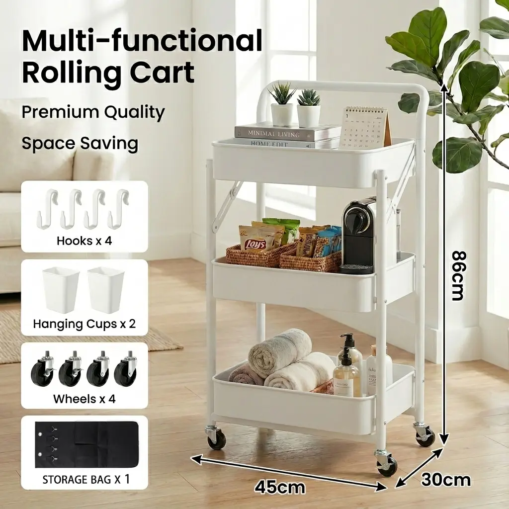Elife Foldable 3-Tier Storage Cart with Wheels, No Assembly Required Rolling Utility Organizer, Large Capacity Storage Shelf for Kitchen, Bathroom, Laundry Room, Bedroom & Office, Includes Side Pocket, 4 Hooks & 2 Hanging Bins