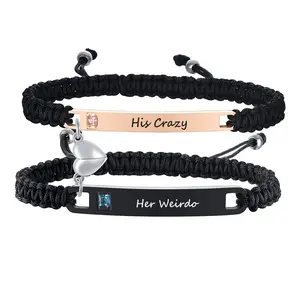 Matching Couple Bracelet Set, "His Crazy & Her Weirdo" Engraved Bar with Magnetic Heart Charm, Adjustable Black Braided Cord with Crystals