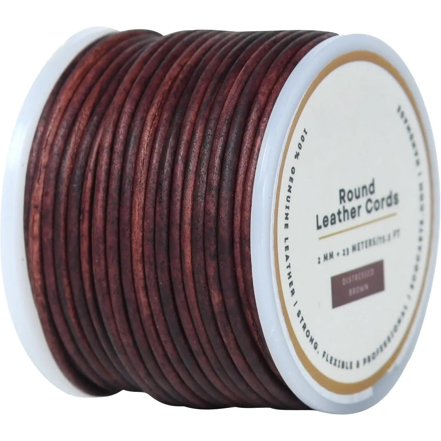 Genuine Round Leather Cord - Crafting  for Necklaces & Bracelets,  Making (Distressed Brown, 2mm)