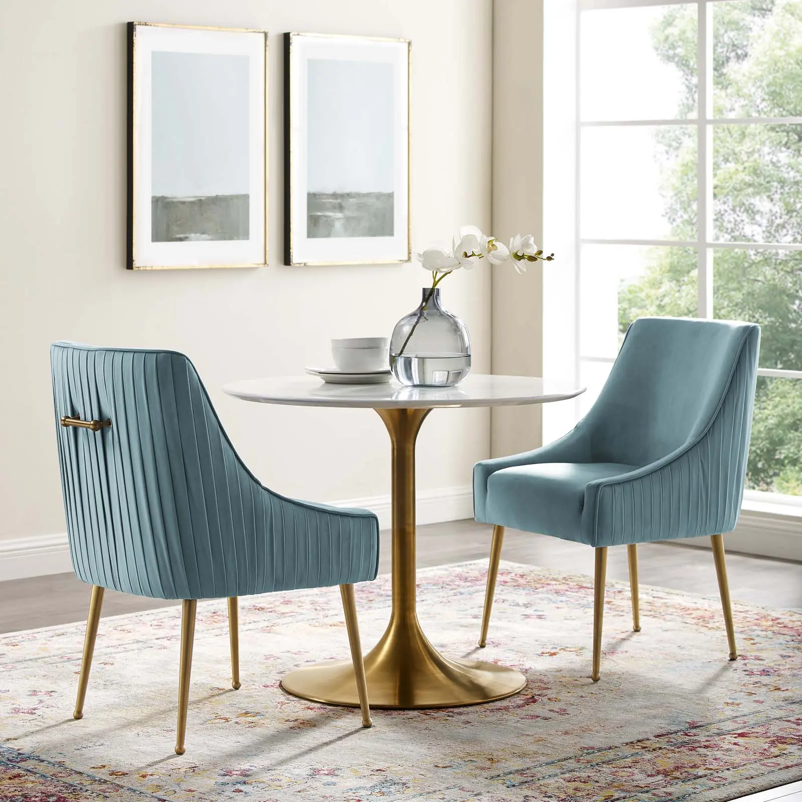 Modway Discern Comfy Chair - Pleated Back Upholstered Velvet Wooden Indoor Furniture, Versatile Dining Accent for Kitchen Entryway (Set of 2, Light Blue), Dining Chairs