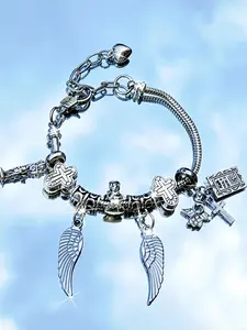 1 piece minimalist antique silver wing pendant bracelet, Statue of Liberty pendant bracelet, cross bead bracelet, Bible pendant bracelet, angel pendant bracelet, classic vintage style, adjustable DIY bracelet, travel souvenir gift, vacation outfit bracele