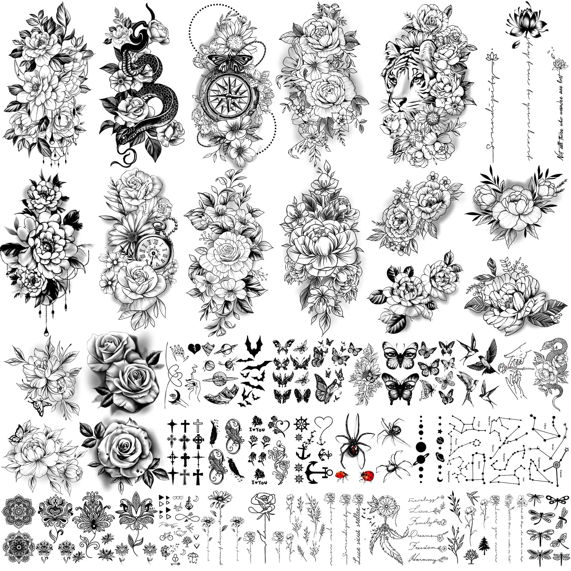 49 sheets large sexy flowers collection waterproof temporary tattoos lasting fake tattoos for women and girls.