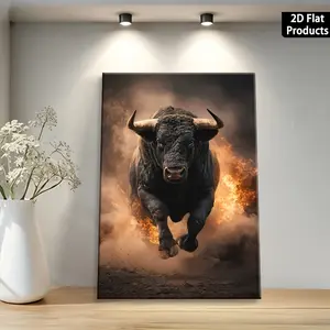 2D Flat, 1pc Modern Bohemian Bull Wall Poster - Framed Canvas Charging Bull with Wrap-Around Frame, Suitable for, Bedroom, Bathroom Decor - Spanish-Themed Decoration for Office, Rustic Housewarming Gift, 2D Flat