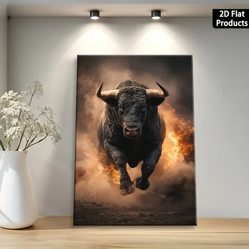 1pc Artistic Modern Bohemian Wood Framed Charging Bull Canvas Wall Print - Wrap-Around Frame, Spanish-Themed Home Decoration for Bedroom, Office, Rustic Housewarming Gift