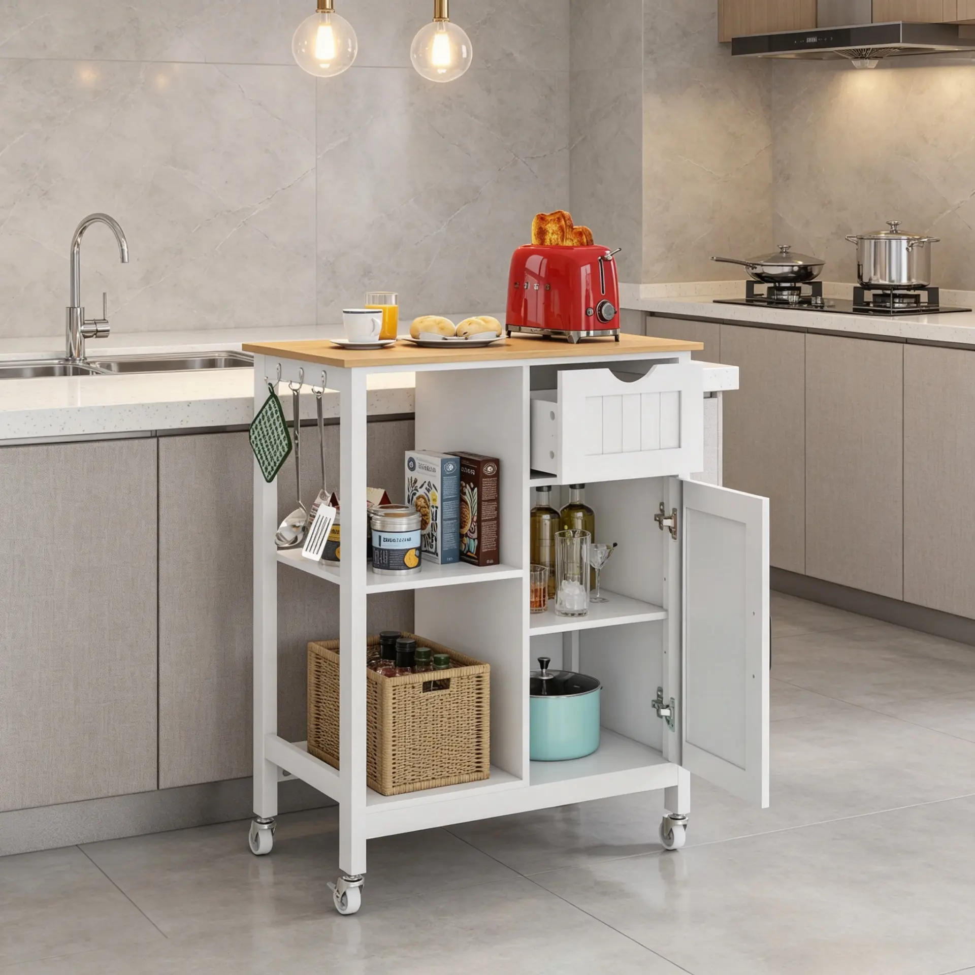 White Rolling Kitchen Island Cart with Storage Cabinet, Drawer, Spice Rack, Towel Rack - Portable Mobile Utility Cart for Small Kitchen Home Organization & Organiser
