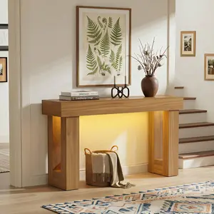 Weture 63 Inch Entryway Table with Socket and Sensor Light, Farmhouse Wooden Sofa Table Behind Couch or Foyer Table, Narrow Console Table with Storage Shelf for Living Room, Entrance, Hallway, Easy Assembly