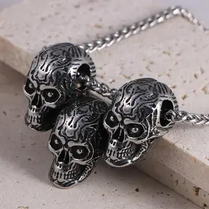 GTHIC Dark Three Skull Head Stainless Steel Necklace for Men Women Gothic Statement Jewelry for Parties or Daily Wear