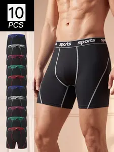 Men's 10PCS/Pack High Stretch Boxer Briefs, Long Leg No Ride Up Moisture Wicking Quick Dry Breathable Performance Underwear, Anti Chafe Athletic Sports Boxers for Men, Running Cycling Workout Gym, Big & Tall Loose Fit Solid Assorted Colors All Season