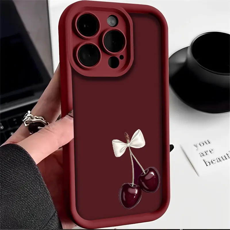 Stylish And Cute Burgundy  Phone Case With A Cherry Pattern, Compatible With IPhone 17 E Air 16 15 14 Pro Max Plus 13 12 Mini 11 X XS XR Soft Cover Anti-Fall Full Coverage