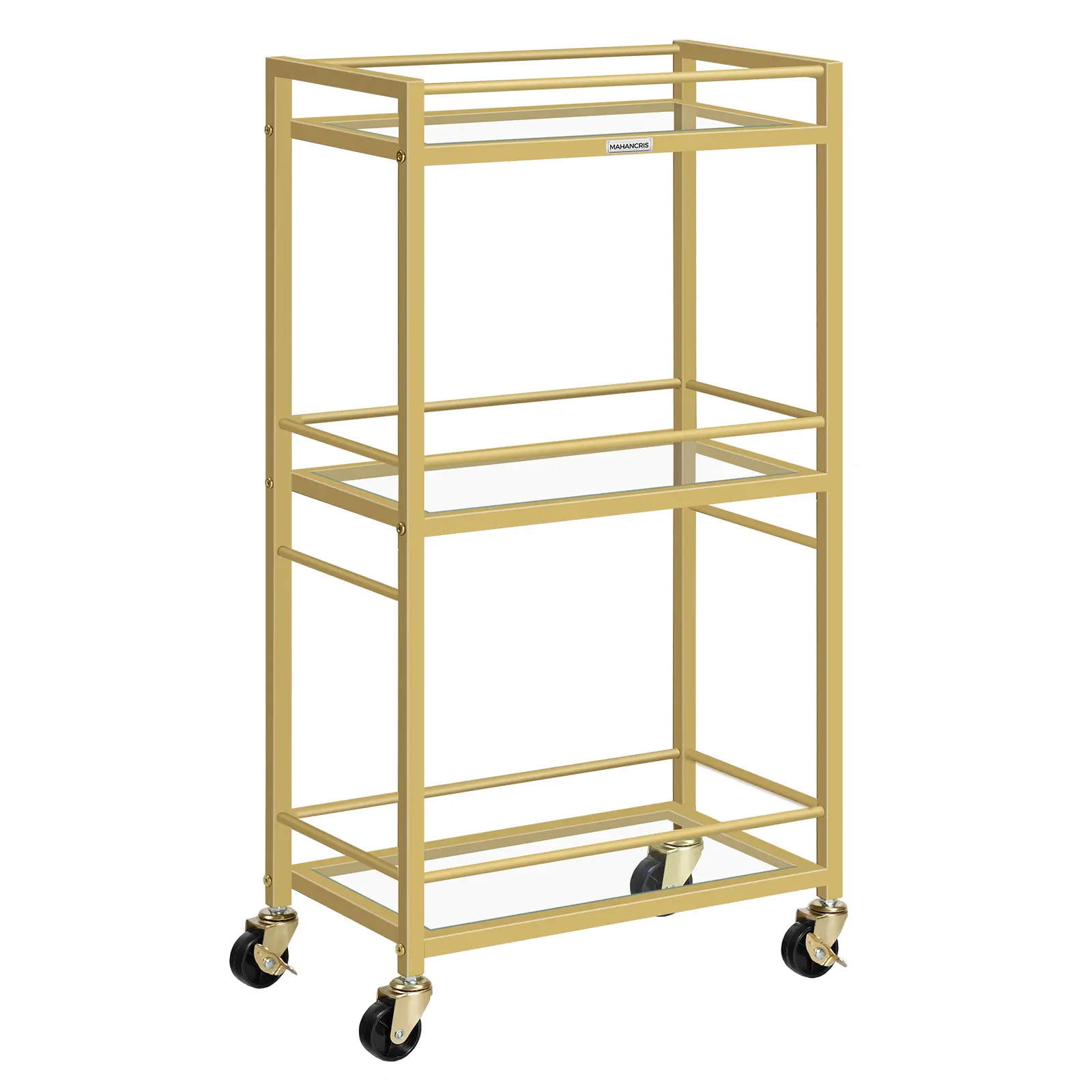 MAHANCRIS Gold Metal Frame 3-Layer Minibar Cart - Tempered Glass Shelves, 44 lb per Shelf, Locking Wheels, 16.9"l x 9.4"w x 32.3"h, Multifunctional Rolling Organizer Home Bar Furniture, Minibar Cart for Kitchen