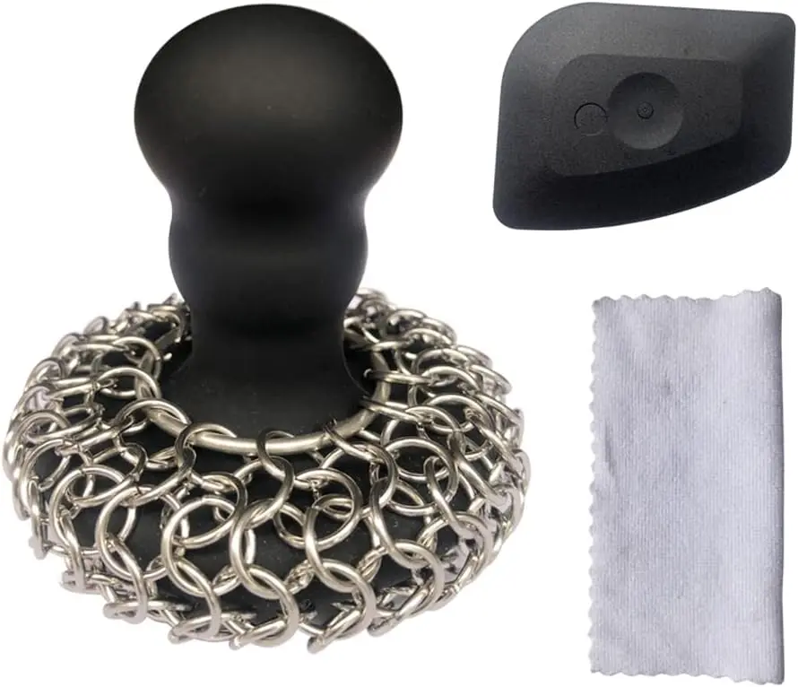 316 Stainless Steel Chainmail Metal Scrubber with Silicone Handle - Lightweight, Durable 3-Piece Cleaning Set, Includes Bamboo Towel & Scraper for Cast Iron Skillet, Grill Cleaning, Safe for Seasoning