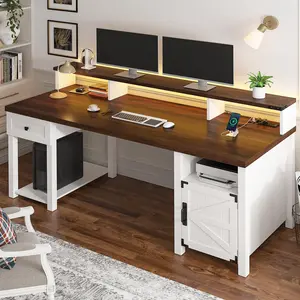 【Fallfreshness】Raybee 55" Vanity & Computer Desk with Drawers Farmhouse Desk with Long Monitor Stand Reversible Wood Desk with Power Outlets Large Home Office Desk with Storage Cabinet Writing Desk with Drawers for Bedroom gaming desk