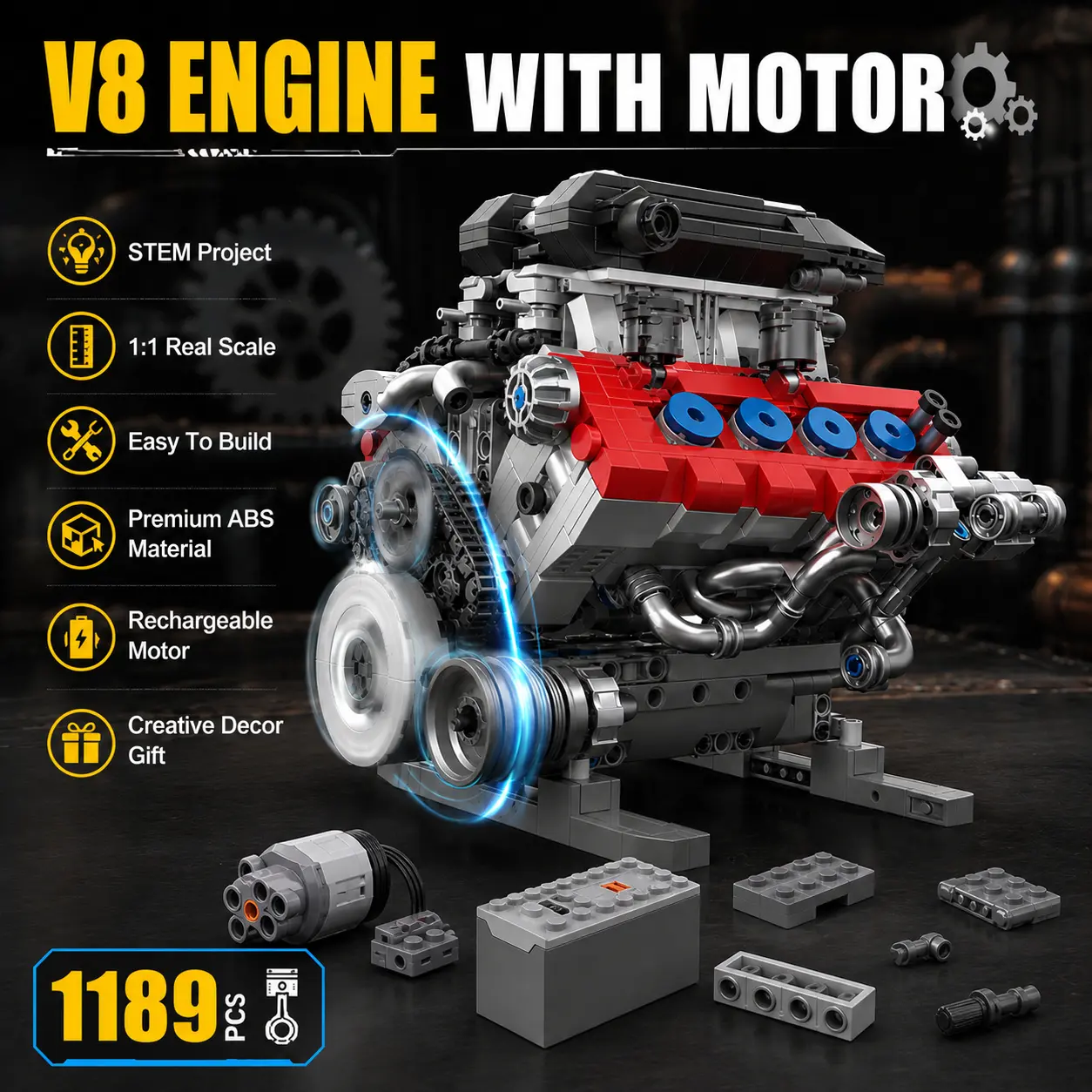 V8 Engine Building Blocks Set - Functional STEM V8 Engine Kit(1189 Pcs), DIY Engineering Model, Ideal for Kids & Adults Ages 14+, Creative Gift | Exquisite Mechanical Collectible Car Enthusiasts