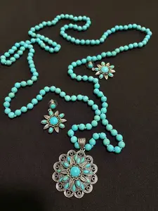 Turquoise Necklace Set Boho Western Style Long Strand Statement Jewelry Set with Earrings -38
