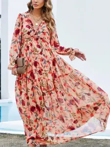 Women's All Over Print Frill Trim Long Dress, Bohemian Boho Long Sleeve V Neck A Line Dress for Spring & Fall, Women's Clothing for Daily Wear
