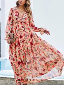 women's all over print frill trim long dress, boho long sleeve v neck a line dress for spring & fall, women's clothing for daily wear, womenswear, long sleeve dresses, boho clothes, casual wear