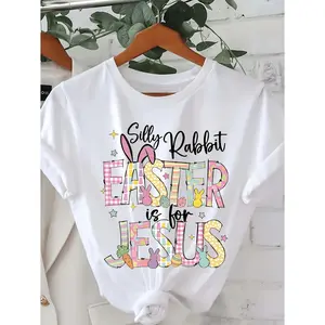 Women's Easter Bunny and Floral Graphic TShirt Slim Fit Short Sleeve Crew Neck Top Featuring Silly Rabbit Easter Is for Jesus Print in Pastel Colors Made from Breathable Fabric for Spring Summer Church Events and Easter Celebrations Machine Washable