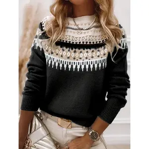 1pc womens casual crew neck long sleeve knit sweater acrylic tribal pattern pullovers for fall/winter season Can be used with raincoat