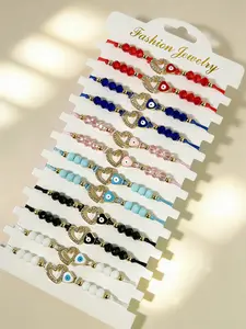 12pcs Handmade Evil Eye Heart Bracelet Set, Adjustable Crystal Beaded Bohemian Multicolor Stackable Women's Jewelry Heart Design Bracelet, Adjustable Bracelets Stacked Design Bracelets