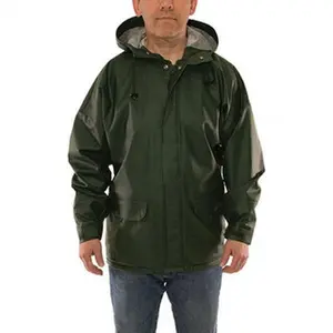 Tingley J33118.3X 3XL Green PVC Coated Polyester Waterproof Work Safety Coat - 2 Pockets, 56-58" Chest, 0.40mm Thickness, Attached Hood, Zipper Fly Front, Therm-O-Rad Sealed Seams, Hook & Loop Wrists, Work Safety Coats