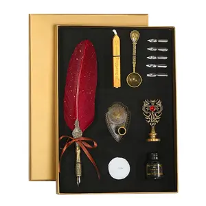 Luxury Feather Dip Pen Set Vintage Sprinkling Gold Wax Seal Stamp Kit Calligraphy Writing Fountain Pen Birthday Gift Box Quill
