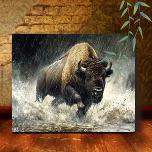 1pc Vintage Style Wooden Framed Canvas Art Print - Bison Running Through Water in Rain, High-Quality Wildlife Nature Painting, Ready to Hang Wall Decor for Bedroom, Living Room, Home Office - Unique Gift Idea