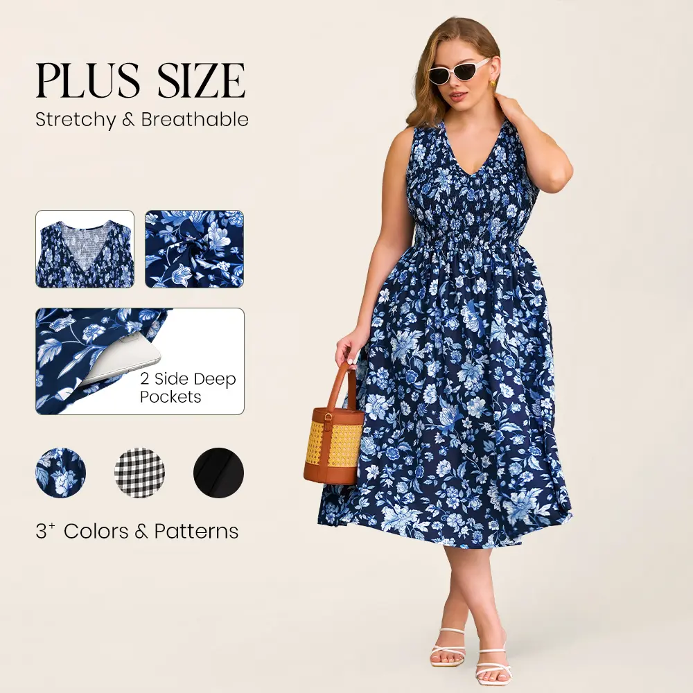 RITERA Plus Size Summer Dresses for Curvy Women Sleeveless V Neck Wedding Guest Dress Maxi Smocked Casual Dress XL-5XL