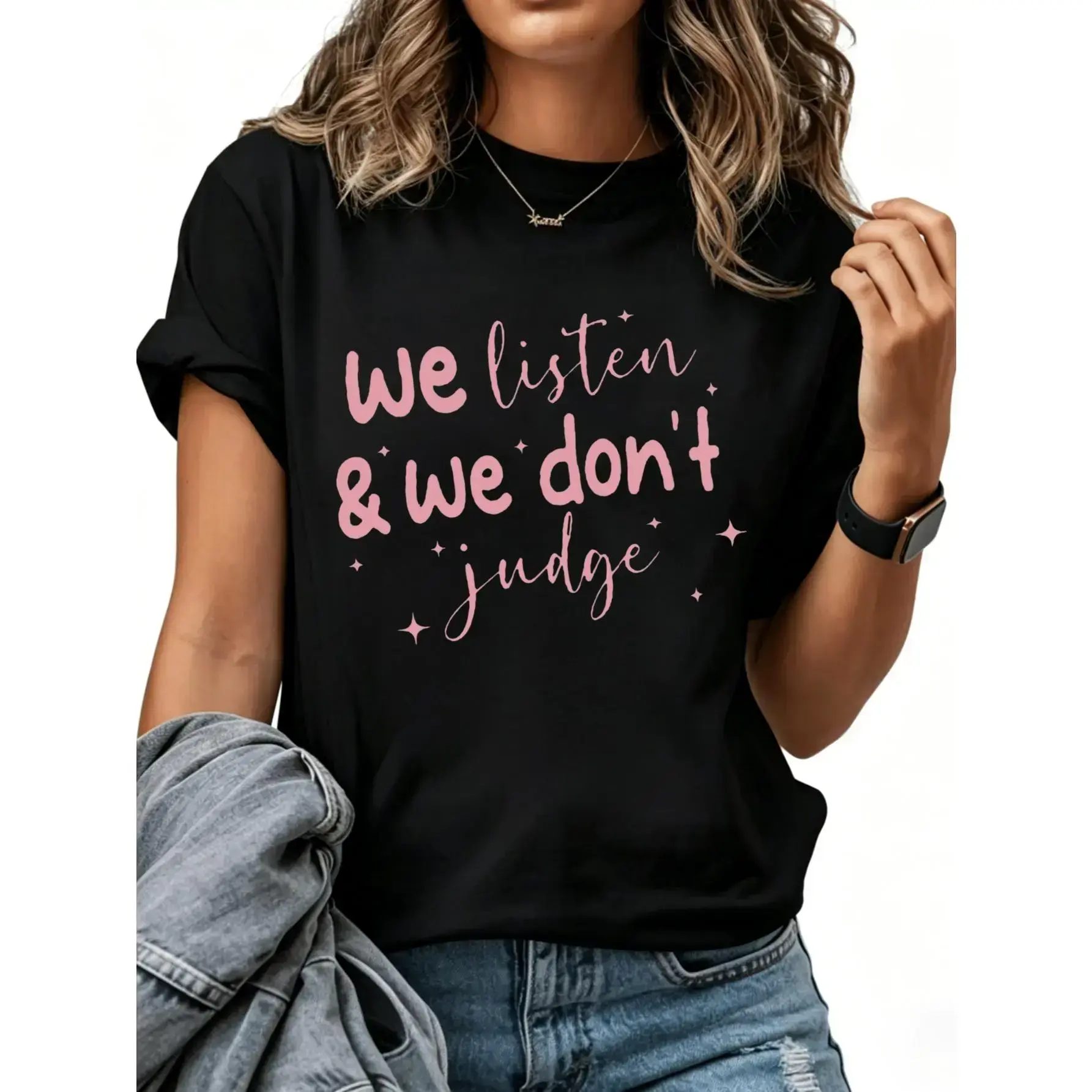 100% Cotton Women's Mental Health Awareness T-Shirt - "We Listen Without Judgment" - Therapist, Counselor Self-Care Top - White with Pink Letters, Crew Neck Comfortable Fabric, Machine Washable
