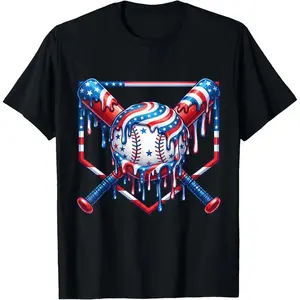Baseball Drip Patriotic Ice Cream US Flag Youth Boys T-Shirt Cotton Fabric