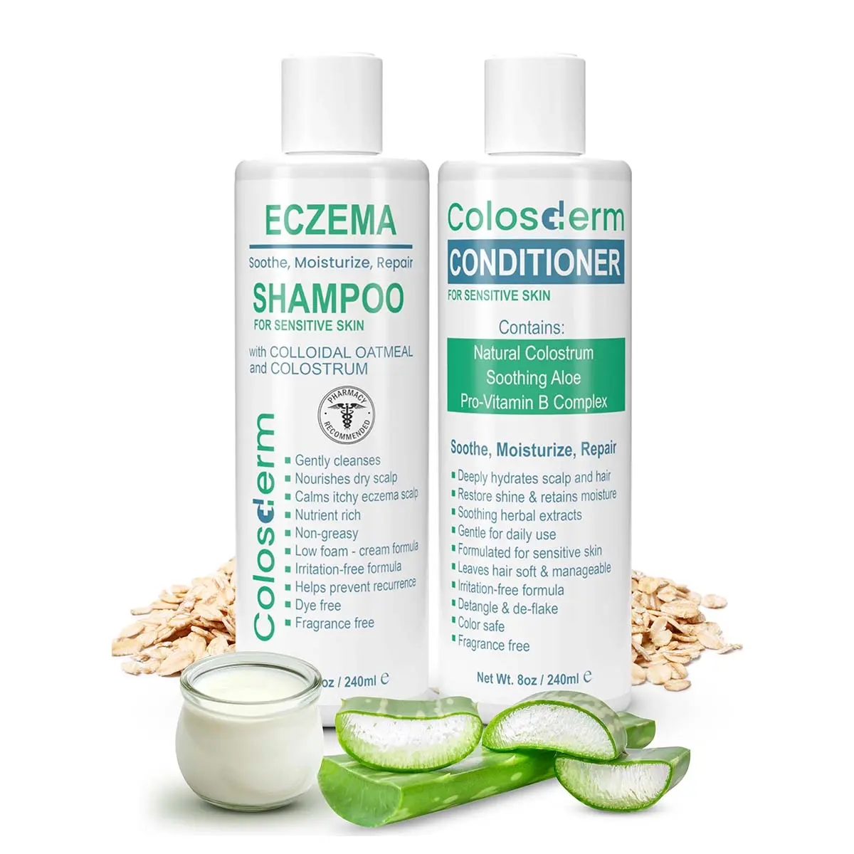 Colosderm Eczema Shampoo & Conditioner - Colostrum + Colloidal Oatmeal for Dry, Itchy Scalp - Hydrates, Soothes & Safe for Sensitive Skin, 8 oz Each (2 Pack)