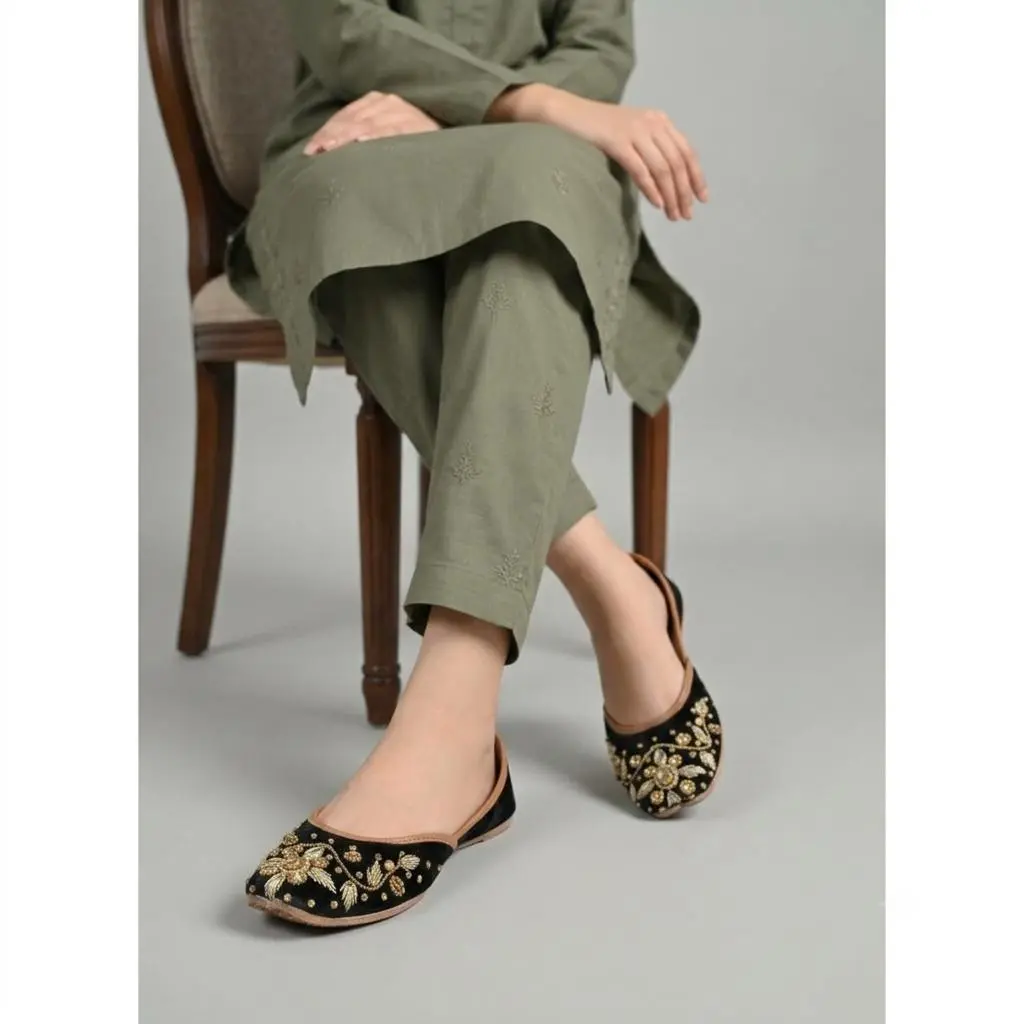 Women's Velvet Closed-Toe Slip-On Ankle Khussa Flats - Traditional Tilla Embroidery, Stone Accents, All-Seasons Festive Wear Comfort Footwear