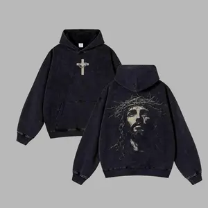 Jesus Crown of Thorns Washed Hoodie, Faith-Based Christian Streetwear Oversized Hoodie