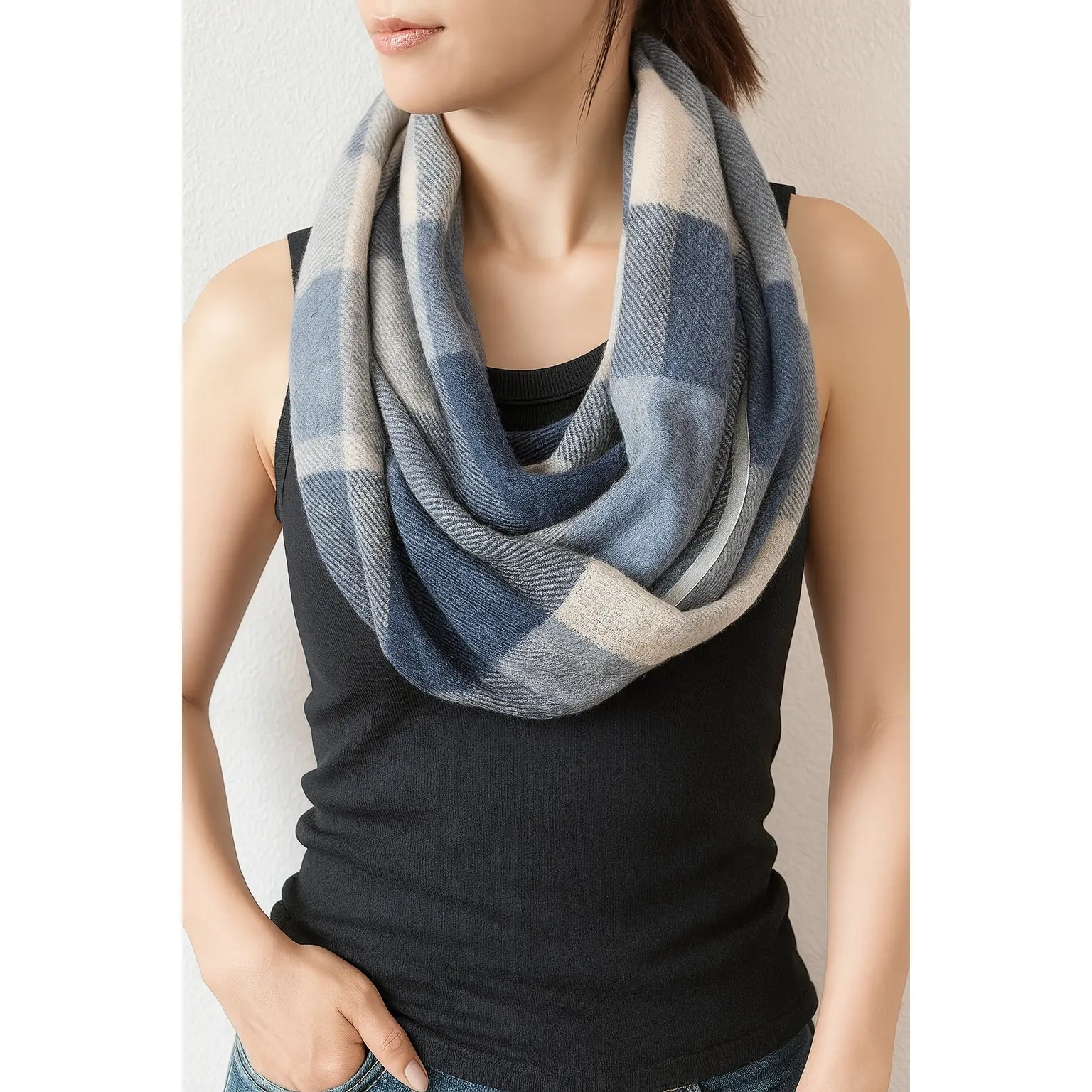 Indigo Plaid Infinity Scarf with Zipper Pocket