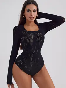 Women’s Lace Long Sleeve Bodysuit, Womenswear Slim Fit Sheer One-Piece Top, Stretchy Body Shaping for Streetwear & Party