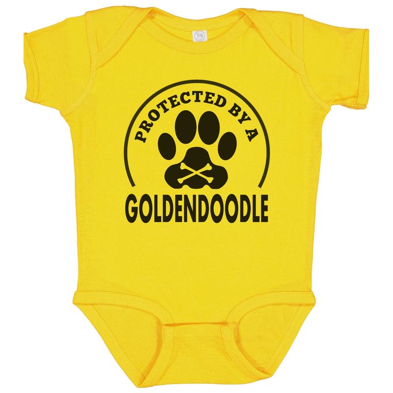 Protected By A Goldendoodle Funny Baby Bodysuit (Yellow)