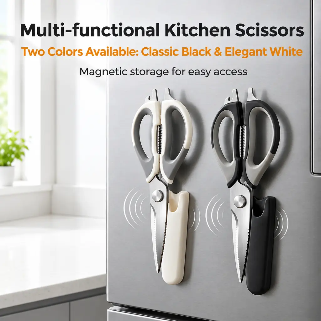Multi-Functional Kitchen Scissors with Magnetic Holder, Heavy Duty Stainless Steel Kitchen Shears, Multipurpose Food Scissors with Ergonomic Handle, Black and White, Easy Storage for Kitchen