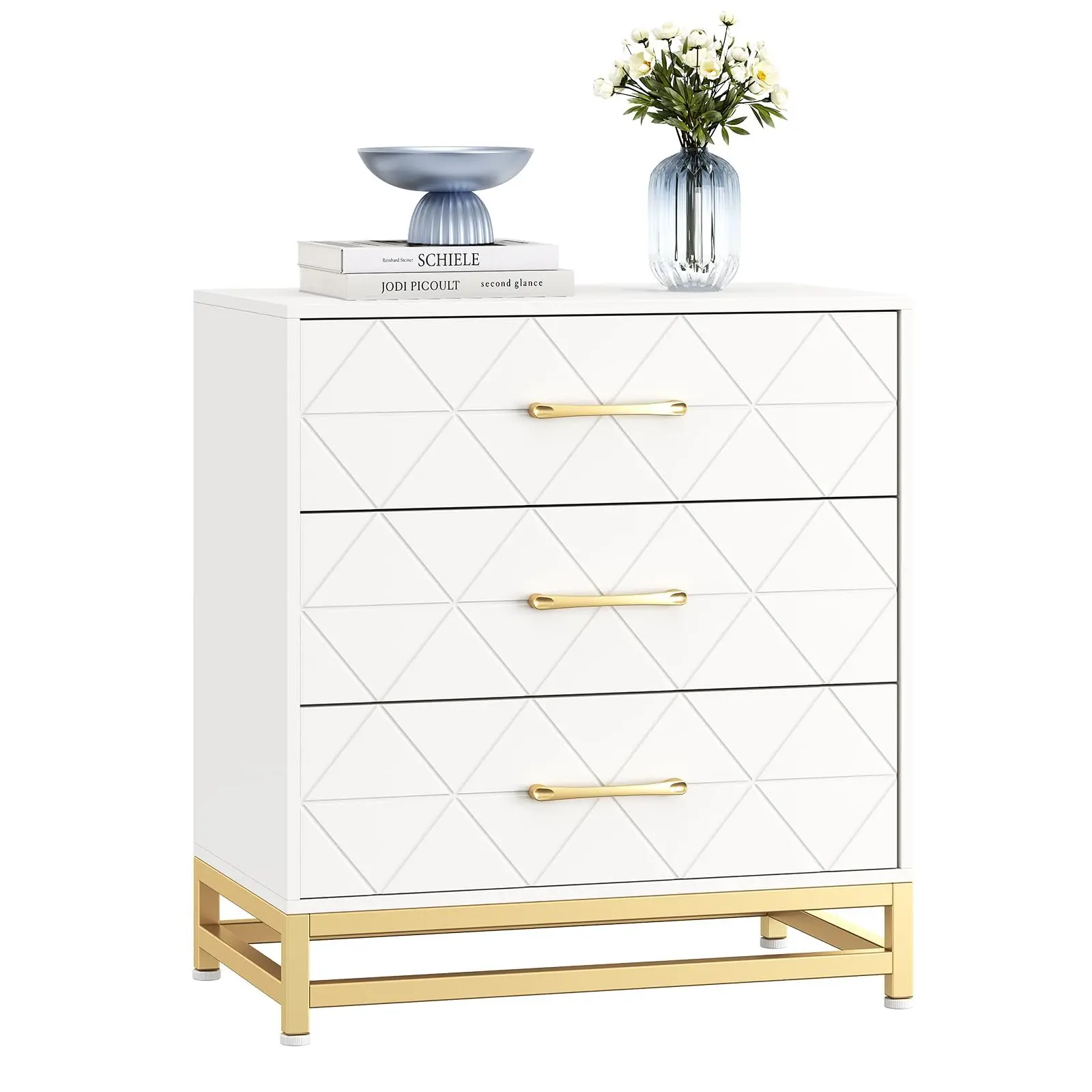 【GARVEE】3 Drawer Wooden Dresser with Gold Handles, Modern White Bedside Storage Triple Dresser for Bedroom Organization and Elegant Storage Solution
