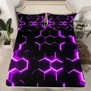 Feelyou 3D Print Hexagonal Honeycomb Deep Pocket Fitted Sheet Set - Microfiber Cloth Bedding with Modern Grid Art, Purple Neon Decoration, Ideal for Home Room Decoration