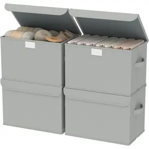 Fabric Storage Bin with Lid Closet Boxes with Cover Collapsible Stackable Organizer Basket with 2 Handles for Home and Bedroom 4 Pack Grey 10.2 x 7.9 x 6.7 In XSNY12GS4