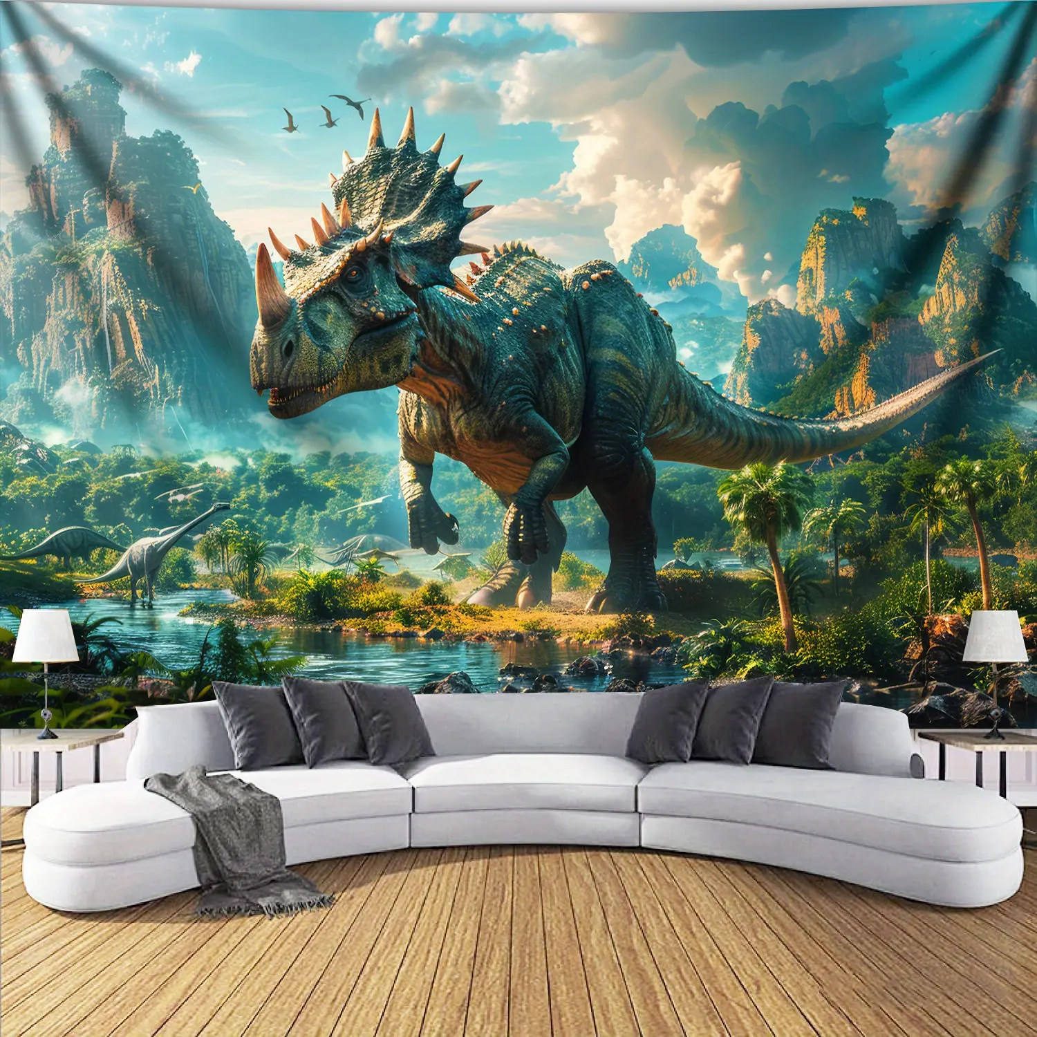 Mysterious Dinosaur Mountain Plant Landscape Digital Print Tapestry, Wall Tapestry, Polyester Aesthetic Printed Fabric, Suitable for Living Room, Bedroom, Office, Family Room and Party Decoration