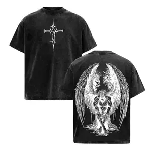 Tormented Fallen Dark Angel Vintage Washed T Shirt Gothic Angel of Despair Heavyweight Cotton Oversized Tee Heaven and Hell Edgy Streetwear Angel vs Demon Art Graphic Y2K Grunge Jesus God Apparel Christ Gym Pump Cover Mens Alt Faith Clothing