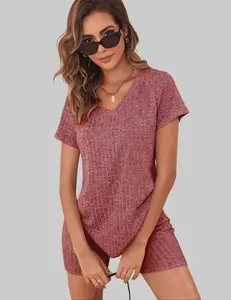 ZEAGOO Womens Biker Short Sets Women 2 Piece Outfits Ribbed Pajama Short Sleeve Workout Set