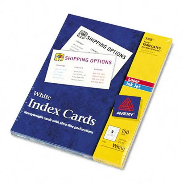 Avery 5388 Printable White 3x5 In Heavyweight Unruled Index Cards, Card Stock, Laser/Ink Jet Compatible, Ultra-Fine Perforations, Preset Layouts, 150 per Box, Blank Card Stock